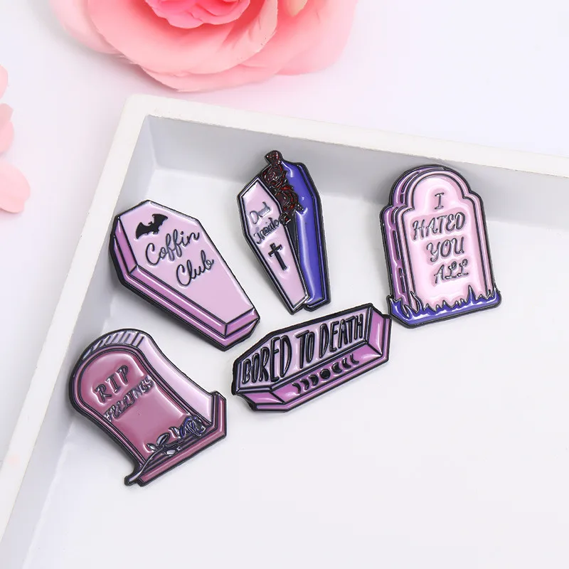 Fashion Gothic Purple Coffin Tombstone Enamel Pins Punk Lapel Badge Brooches Halloween Jewelry Accessories Gifts For Women Girls