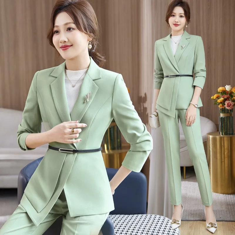 Elegant Women Formal Pant Sets 2023 New in Jacket Blazer with Belt +Pant Suit Office Lady Work Wear Business Female 2 Pieces Set
