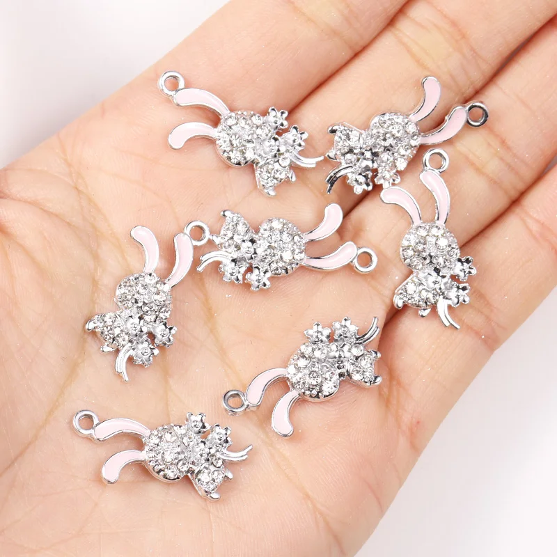10Pcs 12*25mm Fashion Cute Rabbit Earrings Necklace Pendant Accessory Zircon Drop Oil Enamel Animal Charms DIY  Jewelry Material
