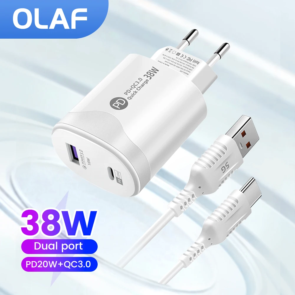 

Olaf 38W USB Charger Fast Charging PD QC3.0 Mobile Phone Chargers Adapter With USB Type C Cable For iPhone Huawei Samsung Xiaomi
