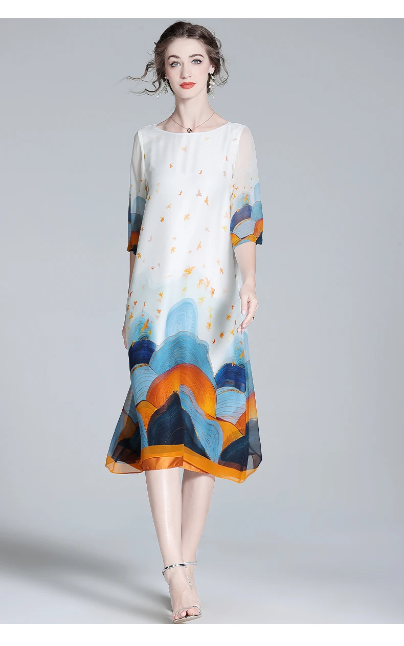 

White Silk Printed Short-Sleeved Dress High-End 2022Summer New Niche Design High-End Gentle Wind Mulberry Silk Temperament Skirt