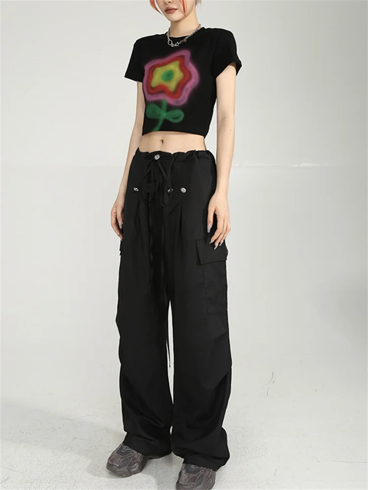 

QWEEK Harajuku Streetwear Black Cargo Pants Women Y2K Hip Hop Punk Wide Leg Trousers Oversized Kpop Low Wasit Baggy Pantalon