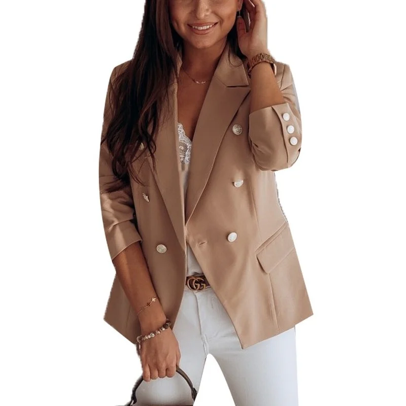 Fashion Casual Office Blazer with Metal Button 2021 Women Solid Colors Double Breasted Commute Blazer Plus Size Formal Clothing