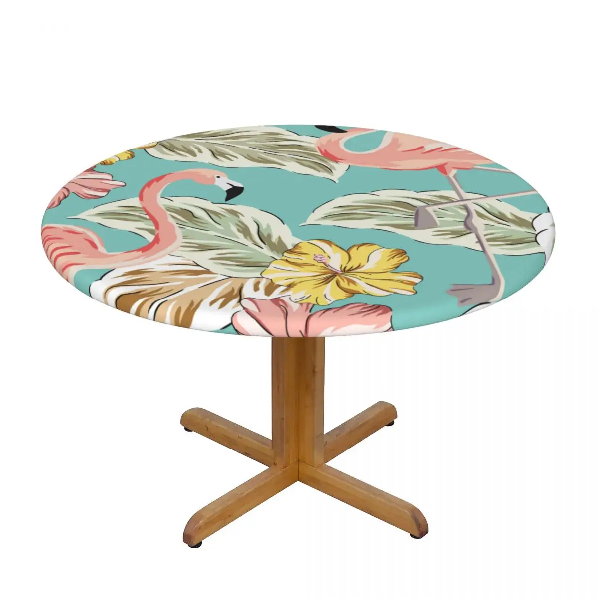 

Waterproof Tablecloths Round Elastic Tablecloth Tropical Flamingo Hibiscus And Palm Leaves Table Cloth Cover Coffee Table Pad