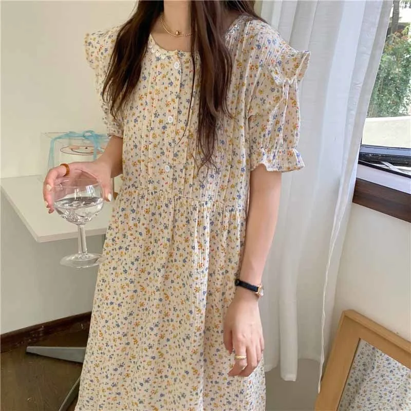 Nightgown Women Cotton Floral Short Sleeve Sleepwear Loose Korean Ruffles Sweet Summer Dress Nightdress Sleepshirt Home Clothes
