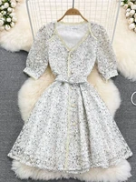 runway women short sleeve v neck lace trims elegant overlay floral mesh embroidery beaded buttons belt mini dress vestidos n6830