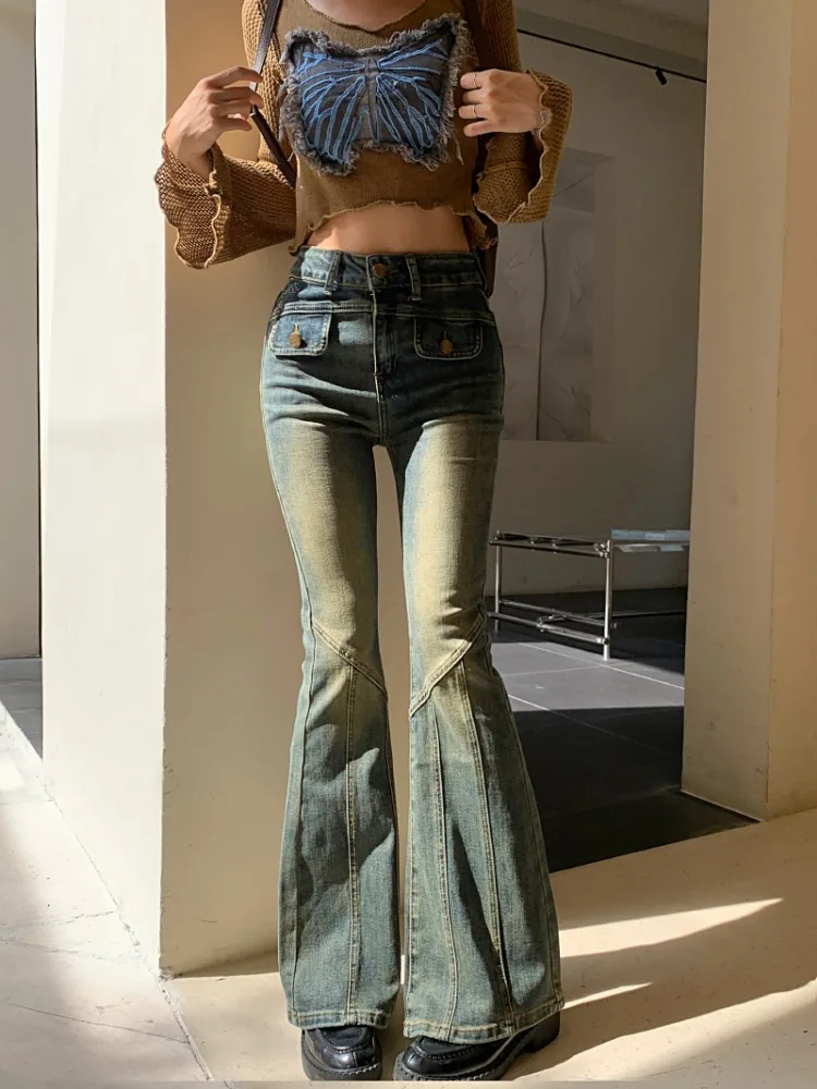 

Женские Эластичные облегающие джинсовые расклешенные брюки с высокой талией, уличные модные повседневные джинсы, женские лоскутные брюки с завязками