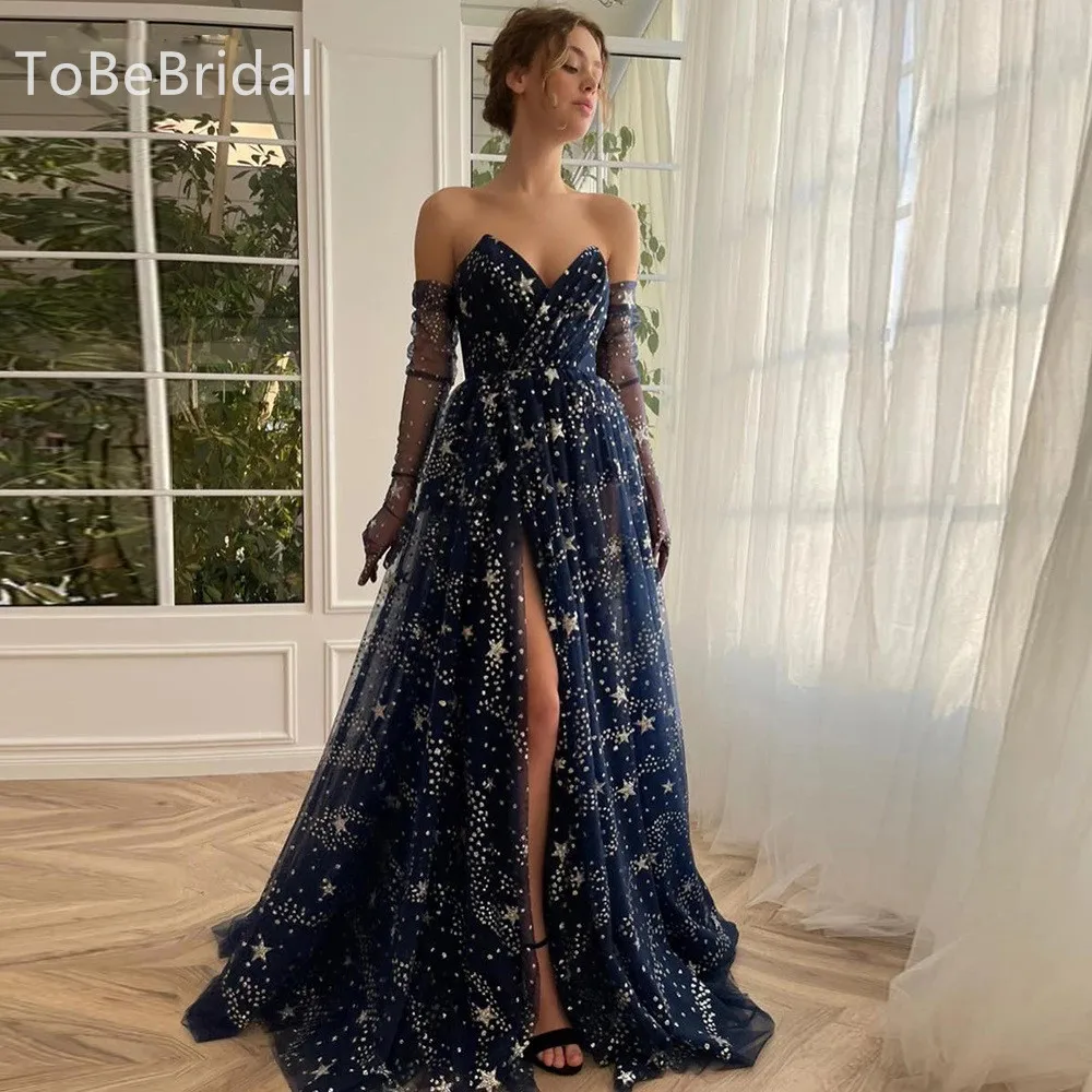 

Shiny Navy Blue Star Tulle Off Shoulder Prom Dress 2023 Elegant High Split Long Women's Graduation Party Gown Vestidos De Noche