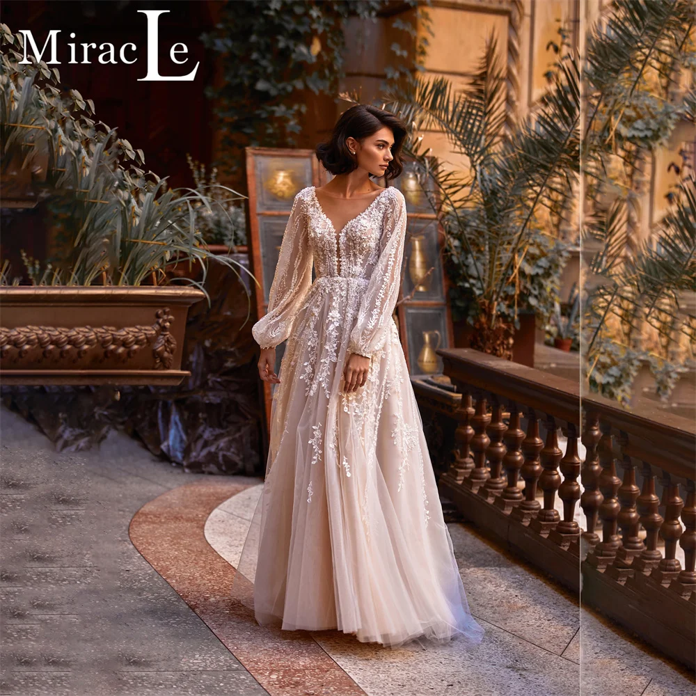 

Mordern V-Neck Wedding Dresses Long Sleeves A Line Wedding Gown For Bride Lace Appliques Backless 2022 Robe De Mariée