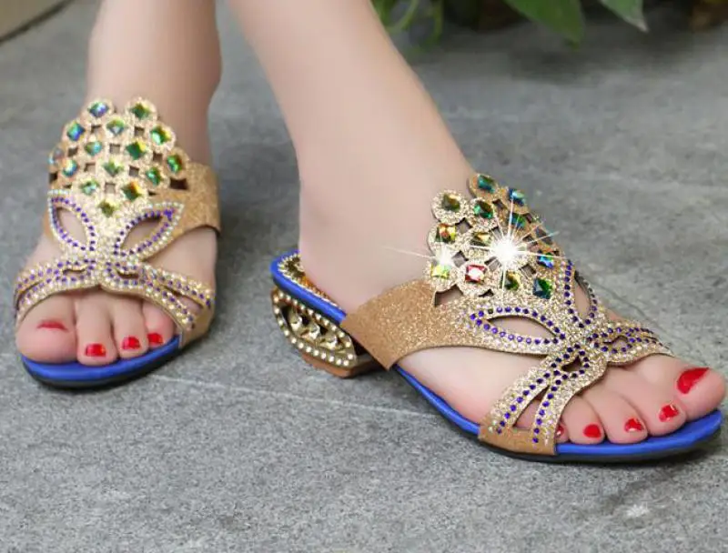 

2023 Summer Fashion Women's Sandals Color Water Drill Slippers Woman Strange Heel Large Size 40 41 Female Hollow Out Flip Flops
