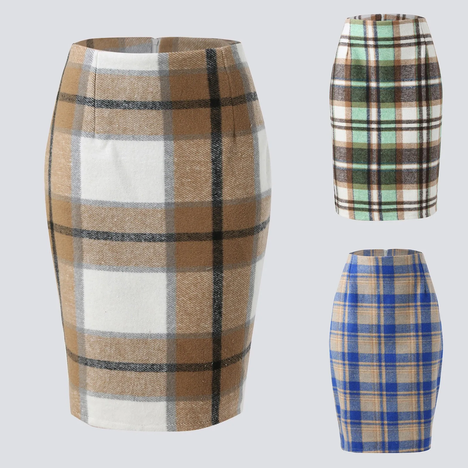 

Pencil Plaid Skirts For Women Fall Winter High Waisted Bodycon Knee Length Wool Midi Skirt With Slit Princess Skirt
