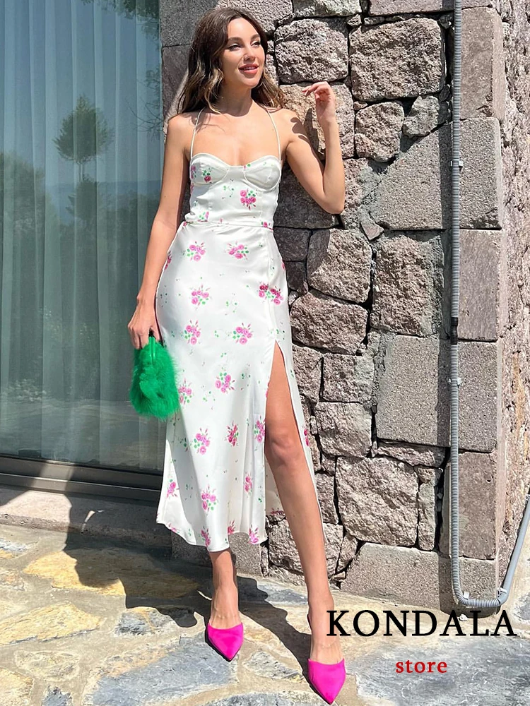 

KONDALA винтажное пикантное платье на бретельках с цветочным принтом, женское корсет с открытой спиной и разрезом сбоку, миди-платье, женская м...