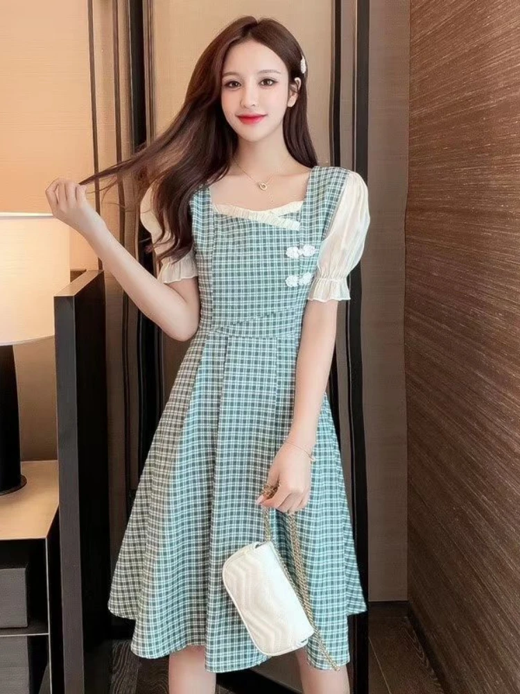 

Cheongsam dress square collar bubble sleeve mid-length plaid waist collection slimming short-sleeved dress female summer