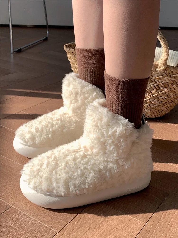 

Womens Slippers Winter Floor Shoes Indoor Home Solid White Fur Contton Plush Anti Skid Non Slip Soft Deer Warm Female Boots