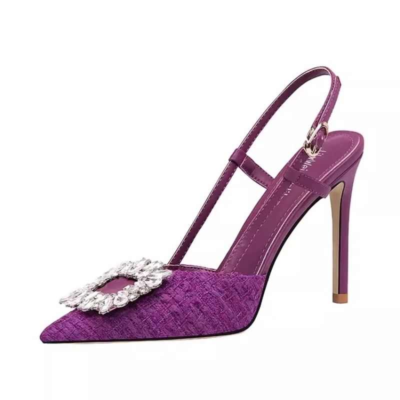 

Spring/Summer Pointed Fabric Face Water Diamond Low Heel Shoes Thin High Heel Banquet Dress Large and Small Women's Sandals