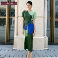 miyake pleated spring and summer loose commuter comfortable temperament color matching dress waistband lace up dress pleats robe