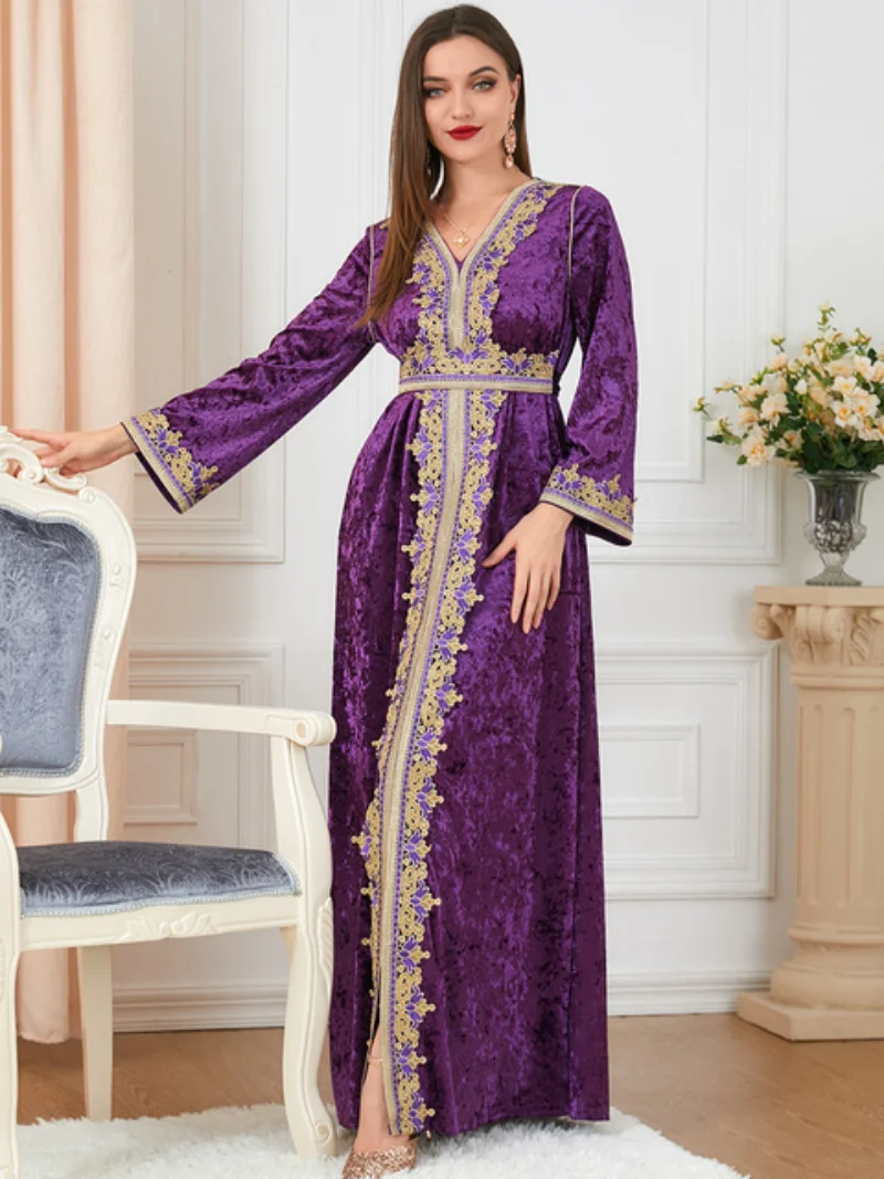 Muslim Clothes Women V-Neck Lace Tape Embroidery Long Sleeve Velvet Dress Belted Abaya Wedding Caftan Moroccan Ramadan