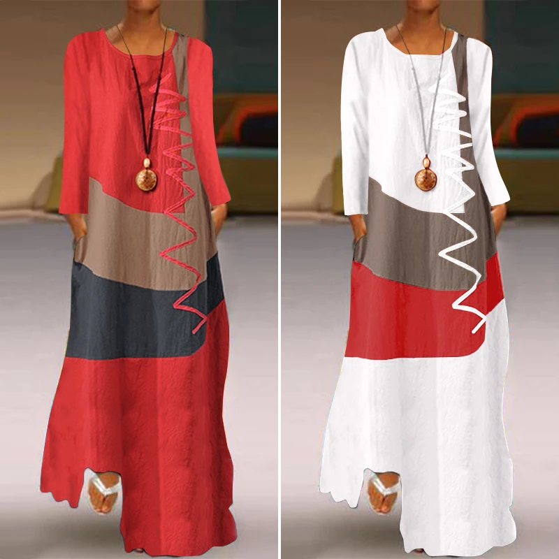 

ZANZEA 2022 Womens Autumn Sundress Stitching Maxi Dress Casual Long Sleeve Tunic Vestidos Female Cotton Linen Robe