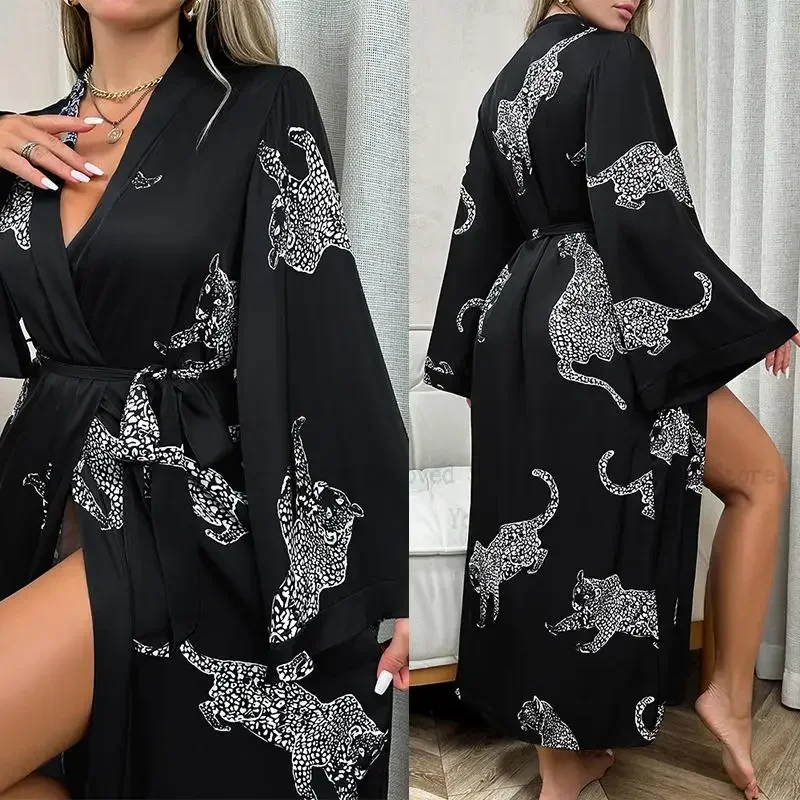 Длинное кимоно сексуальный халат с леопардовым принтом женская атласная одежда