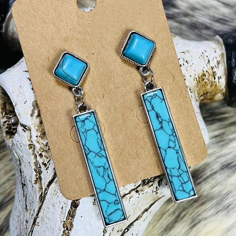 

Navajo Turquoise Slab Concho Dangle Earrings for Women Blue Stone Bar Pierced Earrings Cowboy Cowgirl Boho Crystal Jewelry Bohem