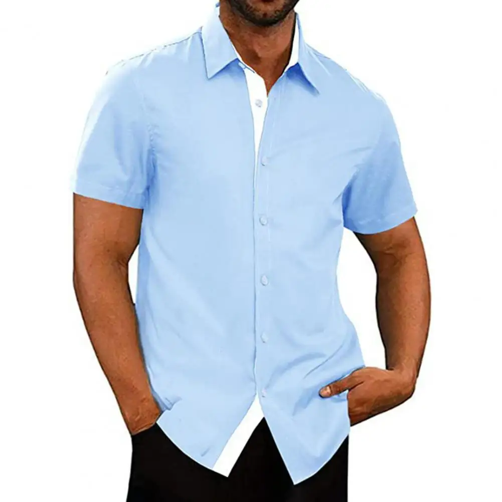 

Мужская однобортная рубашка с отложным воротником, летняя рубашка контрастных цветов с короткими рукавами, повседневная одежда