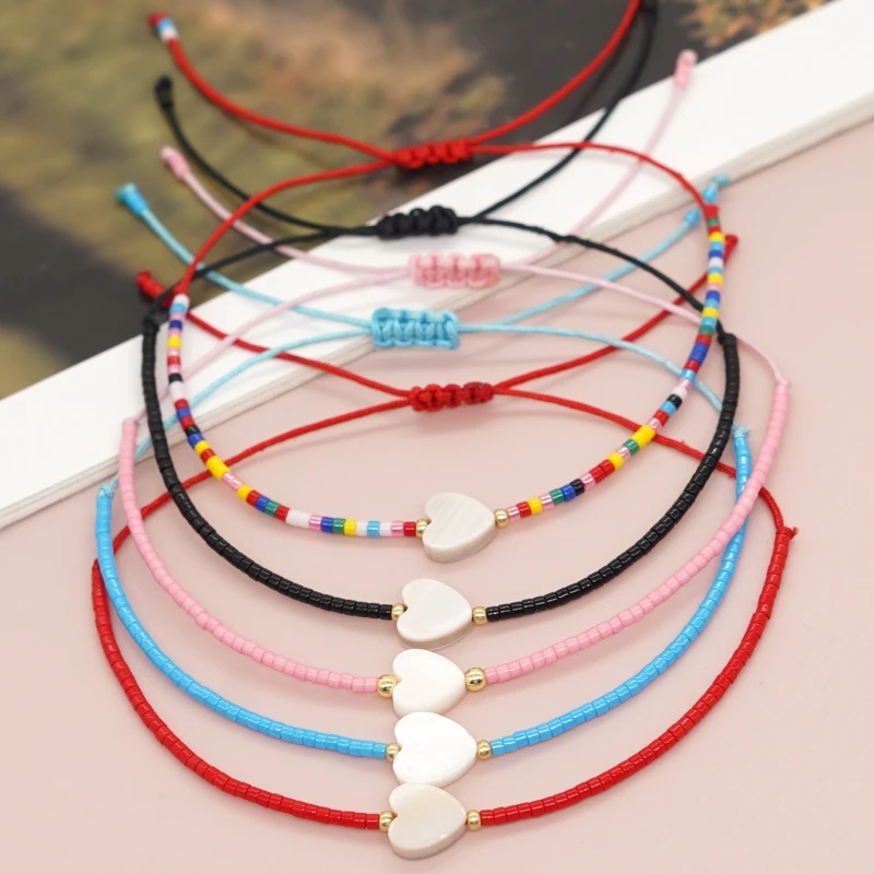 

Rainbow Beaded Simple Bracelet Heart Shell Rope Chain Adjustable Bangle Charm Bracelets Handmade Jewelry for Women Teen Girl