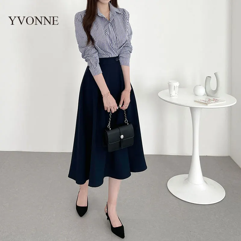 

2023 Spring Korea Women Striped Shirt Skrit Set Temperament Chic Long Sleeve Office Lady Lapel Button Shirt + Midi Skrit Dress