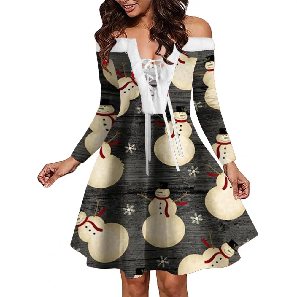 

Women Dress Faux Fur Collar Xmas Dress Festive Snowflake Snowman Print Party Dress