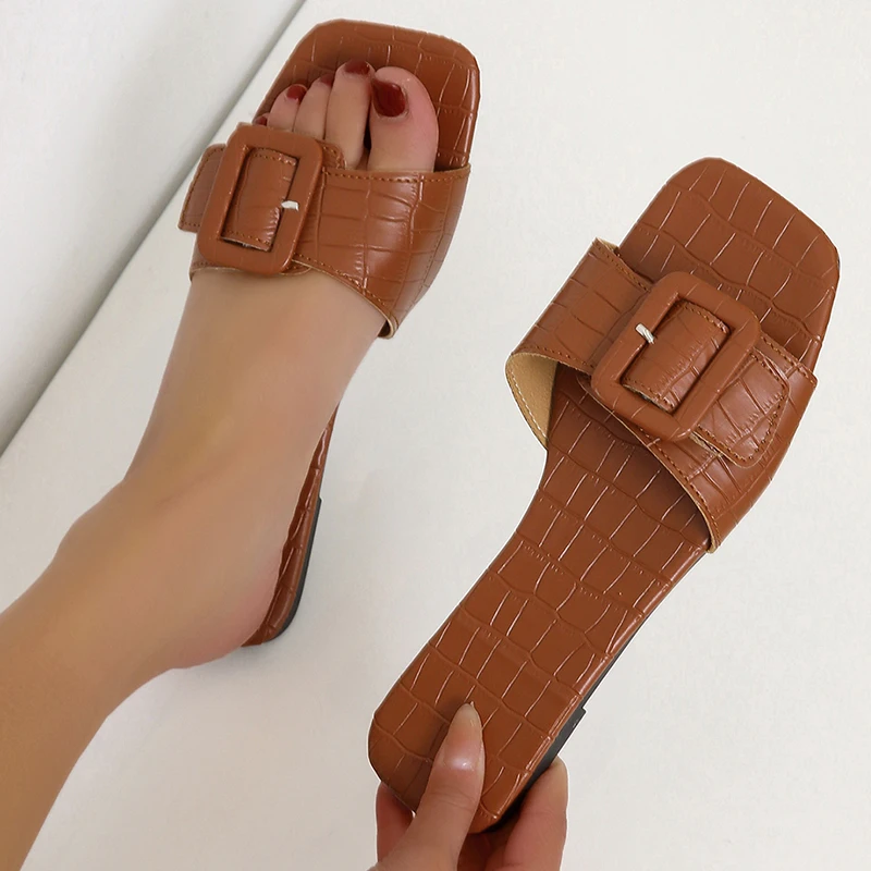 Summer Buckle Flat Slippers Women Slides 2023 Trend Home Outdoor Casual Flip Flops Beach Sandals Luxury Brand Big Size 36-43