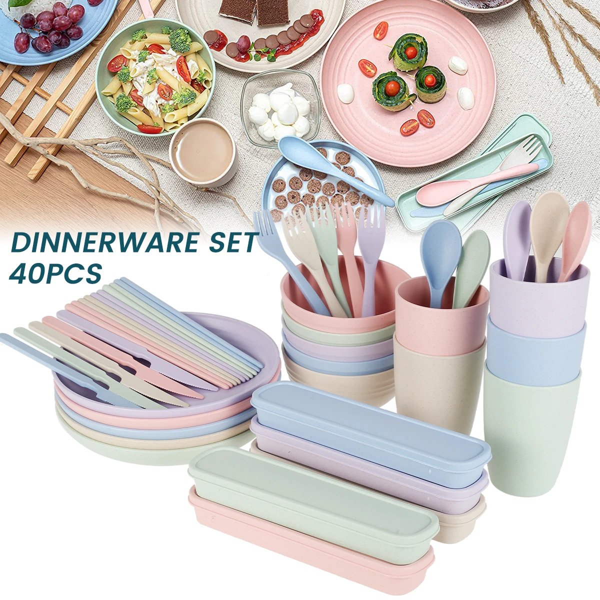 

NEW Wheat Straw Dinner Sets of 5 (40Pcs) Unbreakable Lightweight Dinnerware Set Large Dinner Plates Cups Bowls Cutlery Microwave