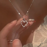 zircon hollow heart necklaces for women geometric cubic zirconia silver love pendant neckalce shiny korean simple collar jewelry