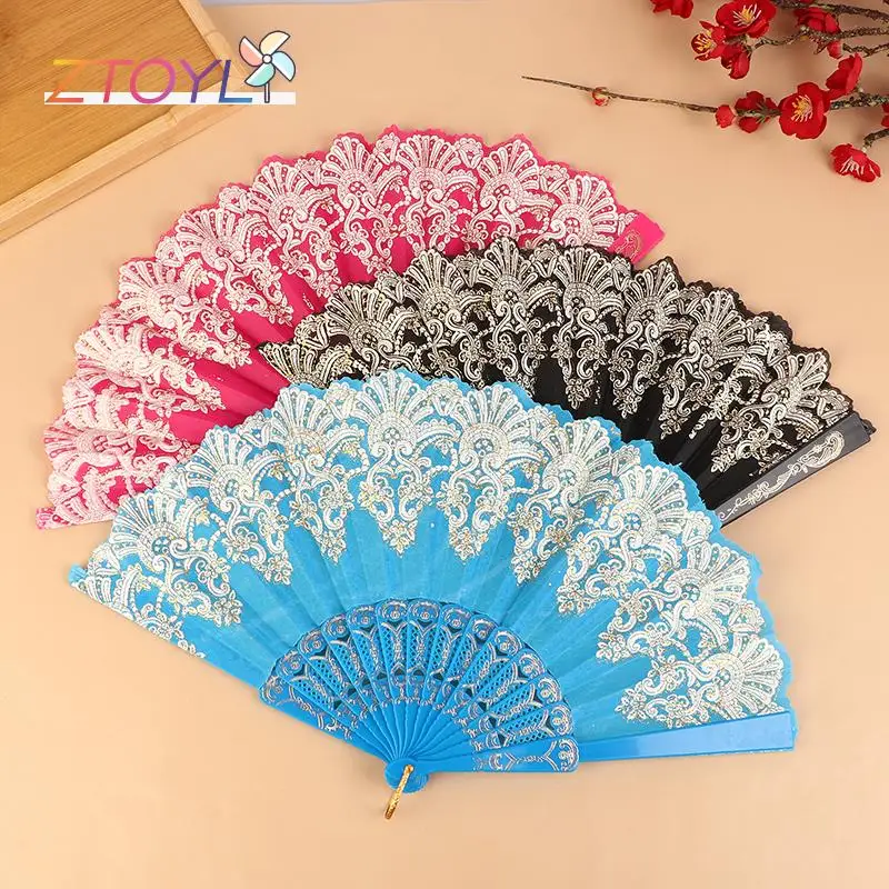 

Wedding Dance Party Luxury Fashion Hot Stamping Fan For Spanish Style Single Flower Folding Hand Held Fan Lace