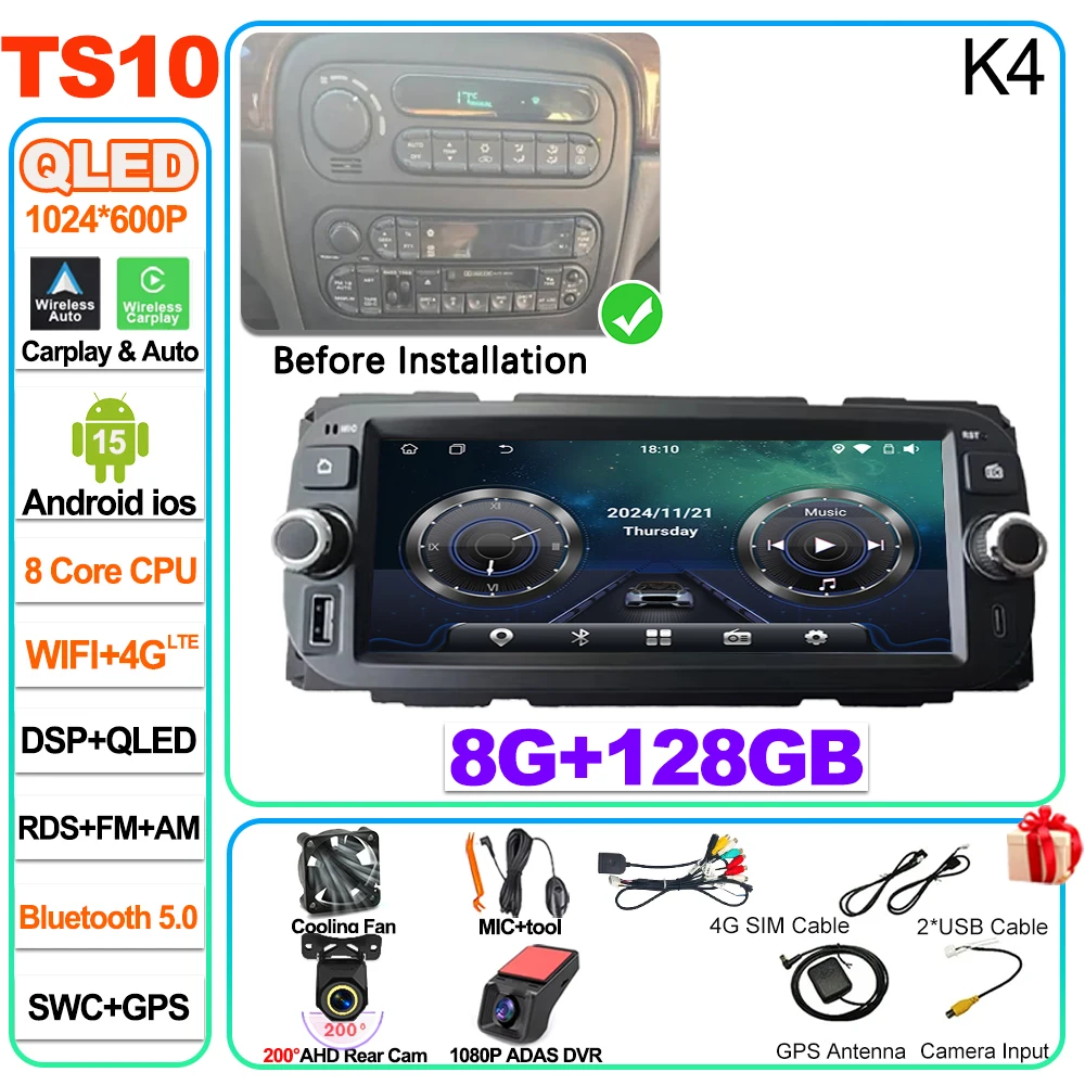 

Android 15 для JEEP Grand Cherokee Liberty Wrangler Chrysler 2002-2006, автомобильный экран, мультимедийный видеоплеер, GPS-навигация, RDS 5G