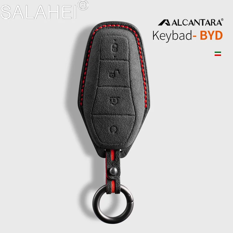 

Alcantara Leather Car Key Case For BYD Qin Plusdmi Atto 3 Han EV Dolphin 4 Buttons Remote Control Protect Cover Accessories