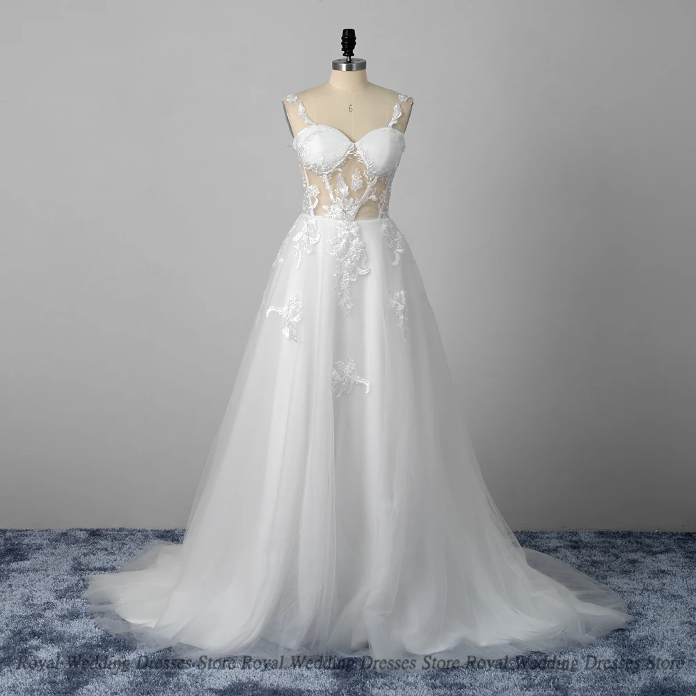 

Sexy Wedding A Line Dresses Applique Handmade Flowers Sleeveless Layered Lace Floor Length Print High Quality Gowns Robe De Ma