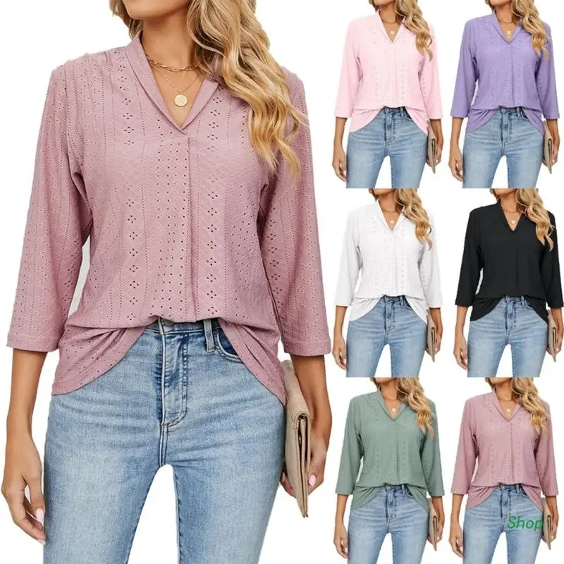 

Женская блузка с рукавом 3/4, V-образным вырезом и отложным воротником