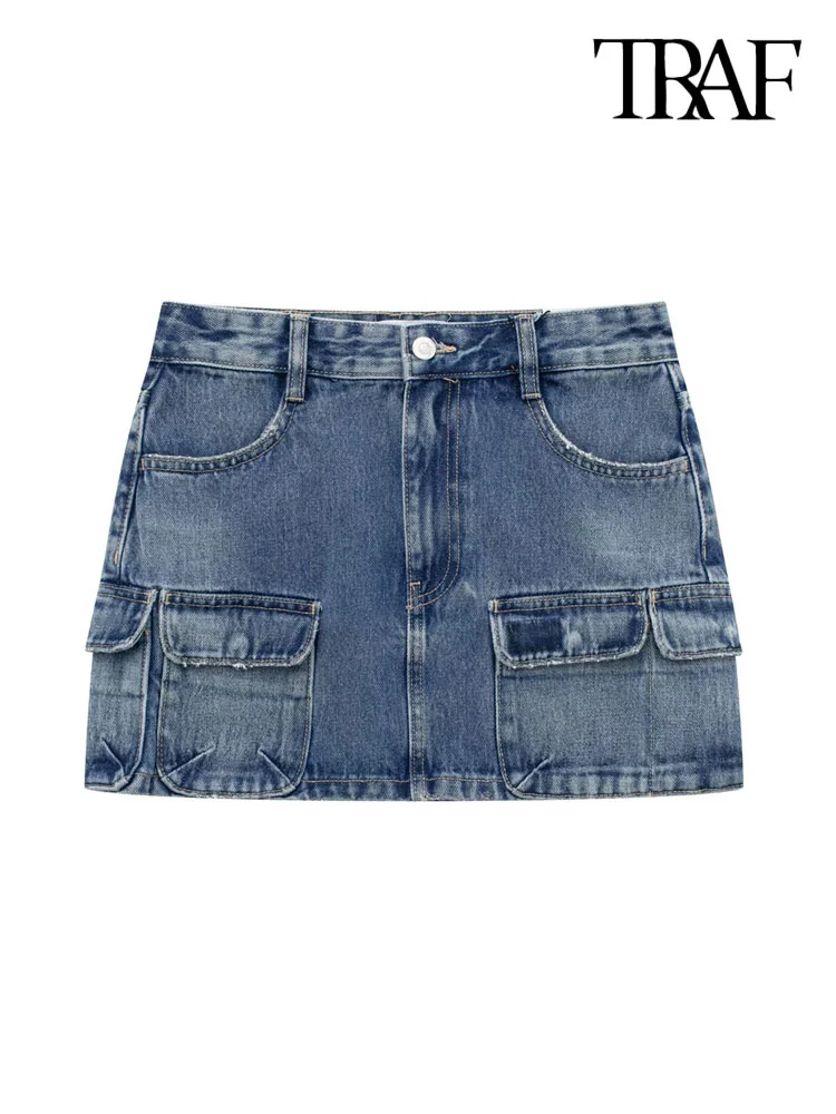 

TRAF Women Fashion With Pockets Denim Mini Cargo Skirt Vintage Midi Waist Zipper Fly Female Skirts Mujer