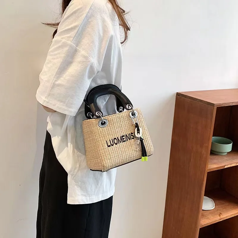 Letter Straw Woven Bag Luxury Crossbody Messenger Women's All-match Large-capacity Bucket Bag Holiday Beach Handbag and Purse