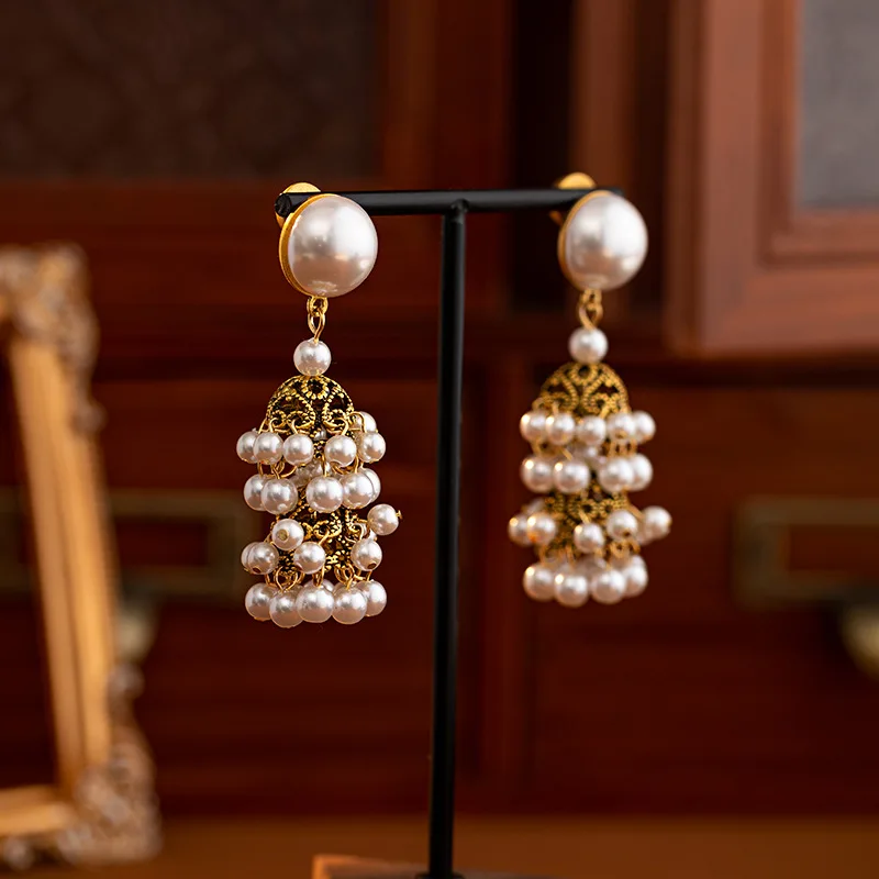 

Vintage Gold Pearl Tassel Ear Drop Dangle Earrings Victorian Era Court Style Retro Pearl Earring Jewelry Replica Handmade Jewel