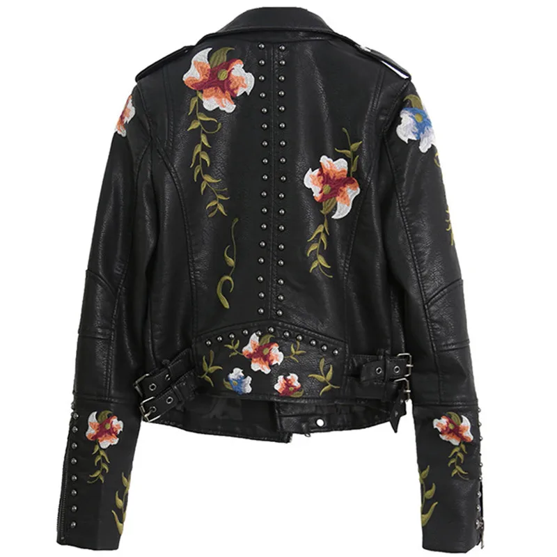 Floral Embroidered Rivet PU Leather Jackets for Women's Faux Soft Leather Motorcycle Coat Black Punk Zipper Outwear Vintage Tops