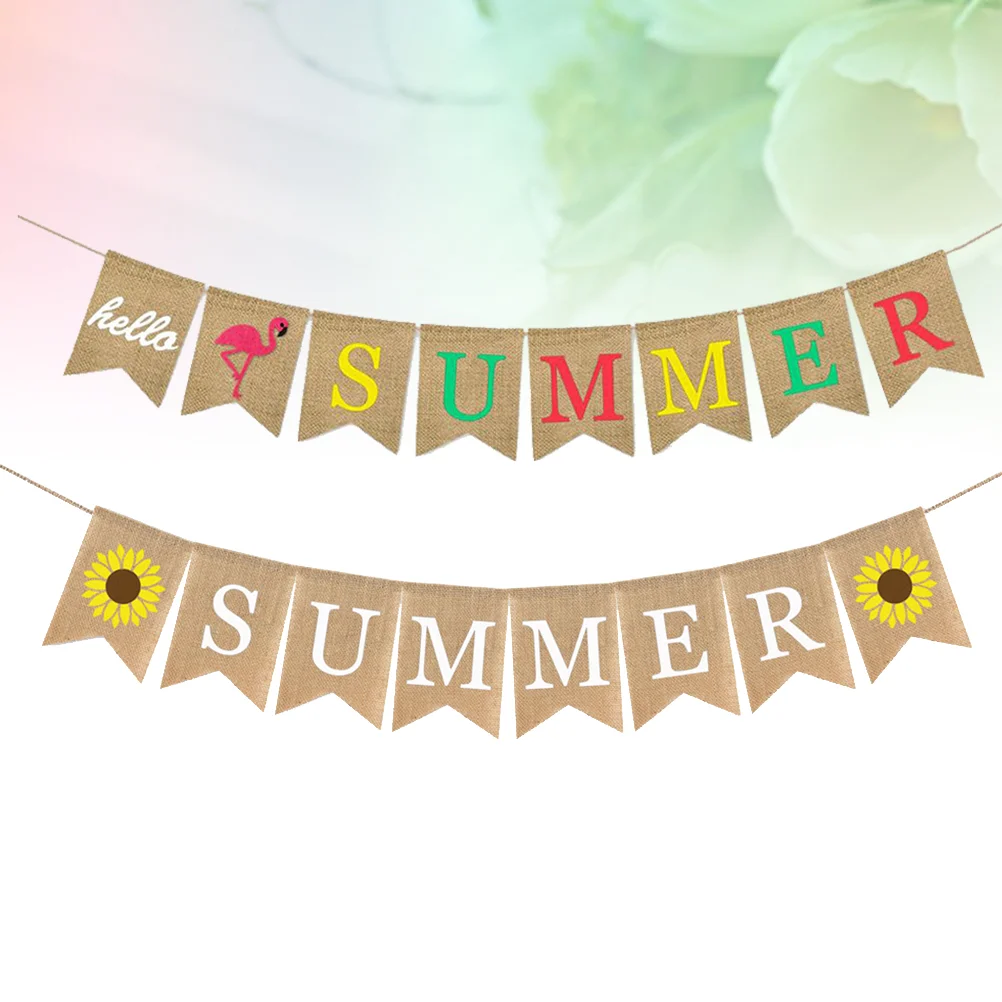 

2 Pcs Burlap Banner Summer/Hello Summer Bunting Swallowtail Shaped Pull Flag Hanging Garland for Summer Party Decoration