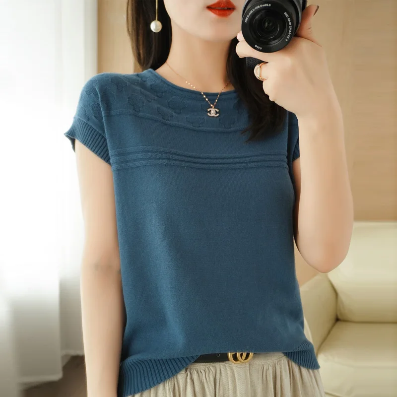 

Summer New Cotton Ladies Round Neck Pullover Knit T-Shirt Plum Casual Sweater Elegant Fashion Clothing Comfortable Short Sleeves