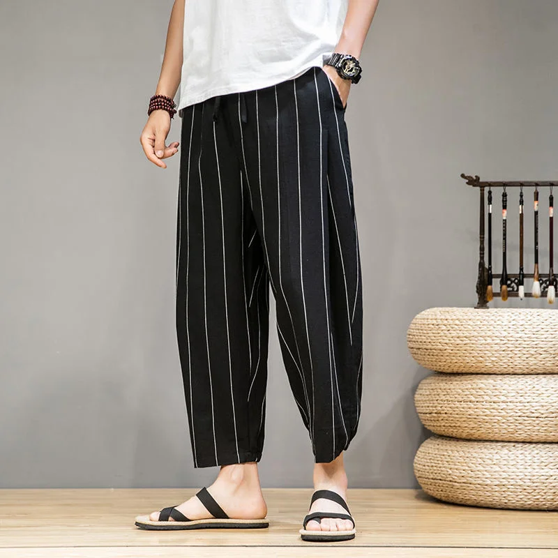 

Брюки MrGB мужские в белую полоску, хлопково-льняные султанки, модные повседневные штаны оверсайз до щиколотки, весна-лето 2022