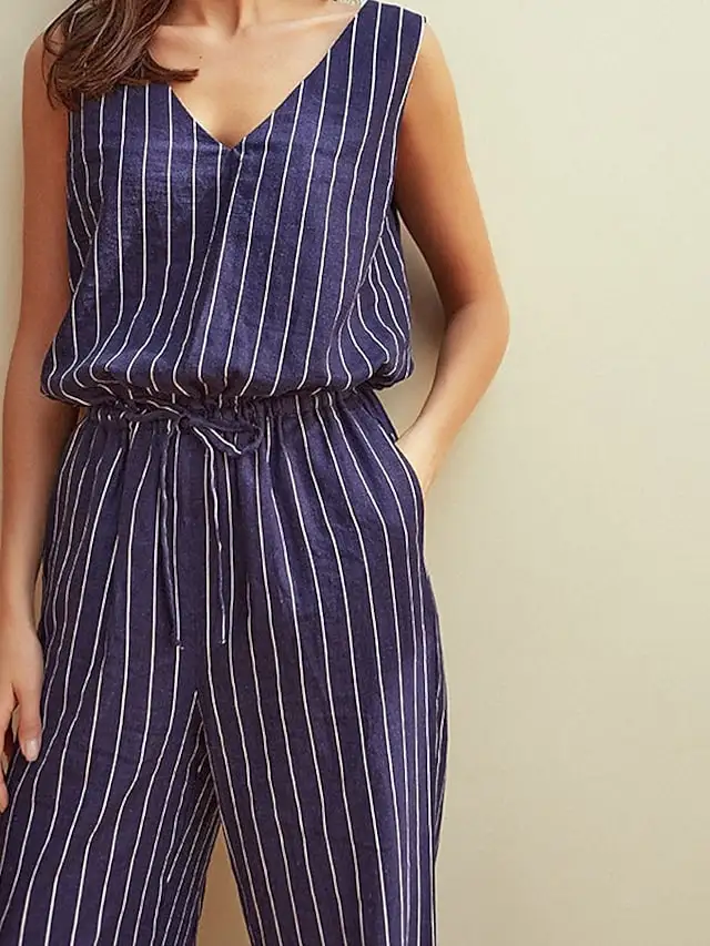 

Women's Jumpsuit Striped V Neck Casual Daily Regular Fit Sleeveless Green Blue White S M L Summer