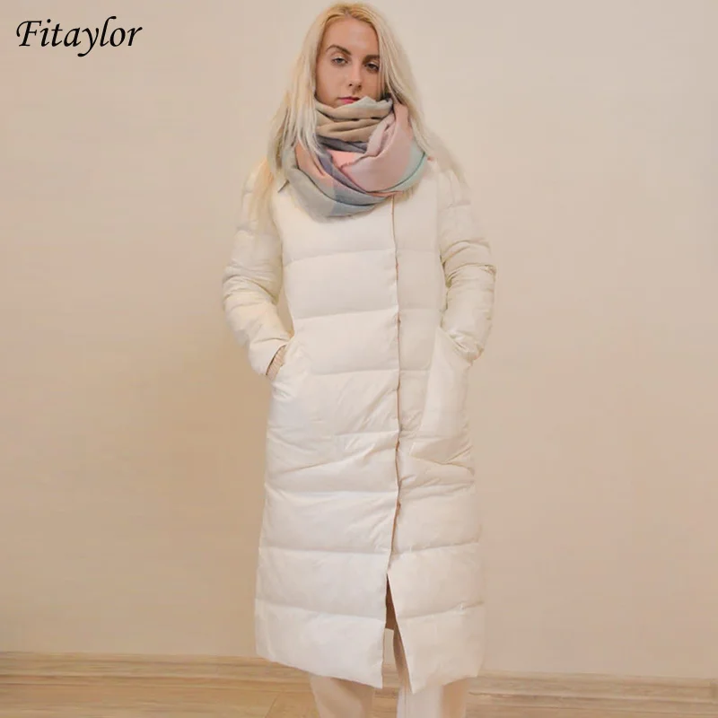 Fitaylor Winter Double Sided Light Feather Long Jacket Women Duck Down Coat Straight Slim Parker Splicing Warm Puffer Outwear