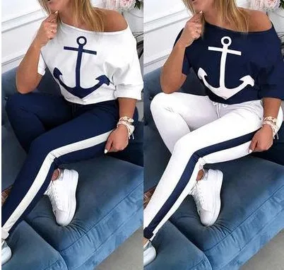 

2022 Spring Women's Clothes New Popular Street Fashion Printed Boat Anchor round Neck Long Sleeve Casual Suit High Street Print