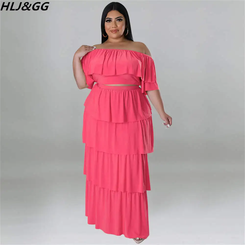HLJ&GG Sexy Off Shoulder Ruffles Two Piece Sets Plus Size Women Clothing XL-5XL Casual Short Sleeve Crop Top And Skirts Outfits