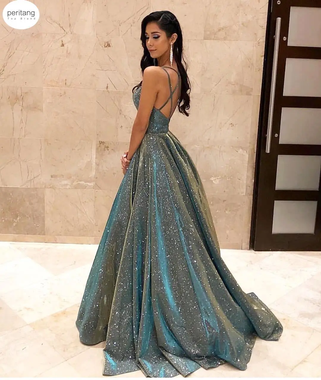 

Женское платье-макси с открытой спиной, сексуальное ТРАПЕЦИЕВИДНОЕ ПЛАТЬЕ С V-образным вырезом и блестками в Европейском стиле, лето-осень ...