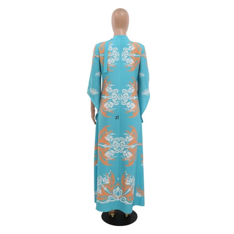Printed Abaya Arabic Long Dress  Women Streamer Neck Oblique Cuff Muslim Dresses Dubai Abaya Middle East Saudi Jalabiya Kaftan