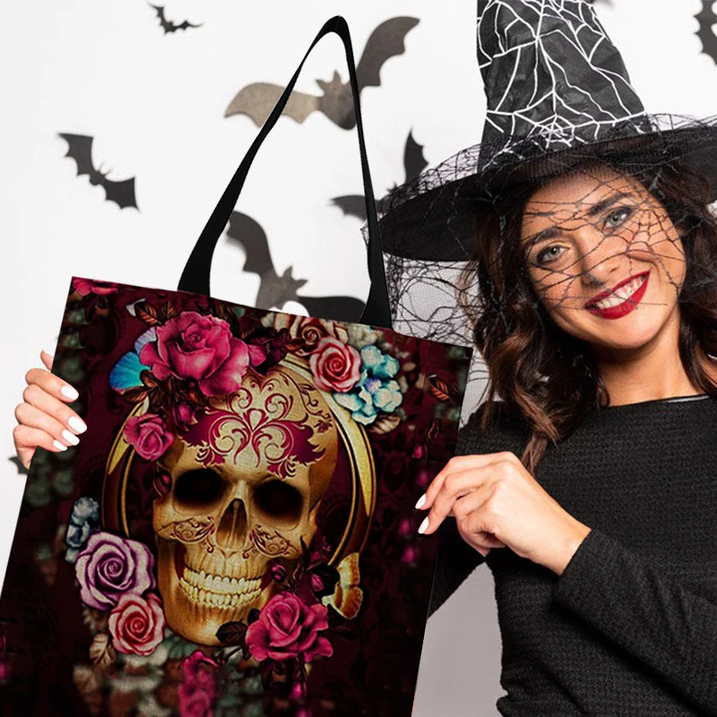 

Women Canvas Shoulder Bag Vintage Creative Skull Print Tote Bag Halloween Handbag Shopping Bag Gift Packaging Storage Bags